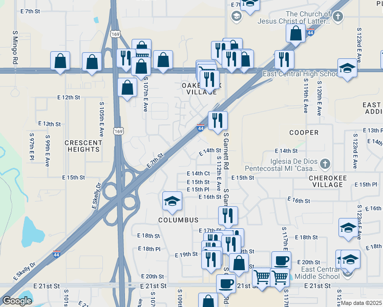 map of restaurants, bars, coffee shops, grocery stores, and more near 10903 East 13th Place in Tulsa