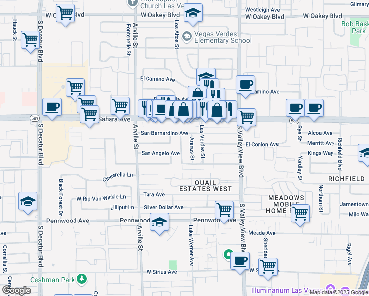 map of restaurants, bars, coffee shops, grocery stores, and more near 2605 Amarillo Street in Las Vegas