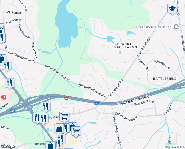 map of restaurants, bars, coffee shops, grocery stores, and more near 4510 Brandt Ridge Drive in Greensboro
