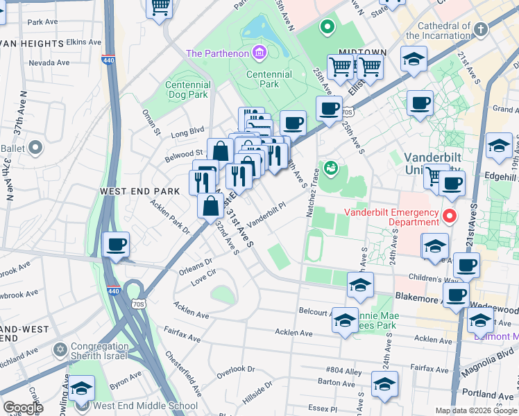 map of restaurants, bars, coffee shops, grocery stores, and more near 117 30th Avenue South in Nashville
