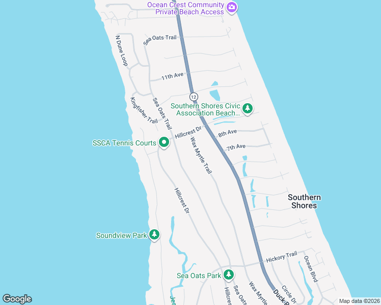 map of restaurants, bars, coffee shops, grocery stores, and more near 321 Wax Myrtle Trail in Kitty Hawk
