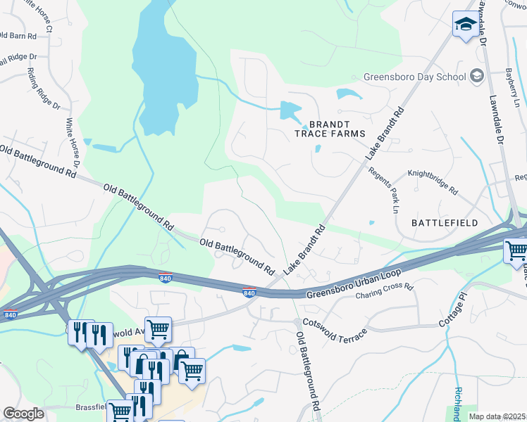 map of restaurants, bars, coffee shops, grocery stores, and more near Lake Brandt Place in Greensboro