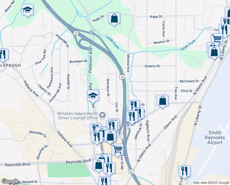 map of restaurants, bars, coffee shops, grocery stores, and more near 3980 Leo Street in Winston-Salem