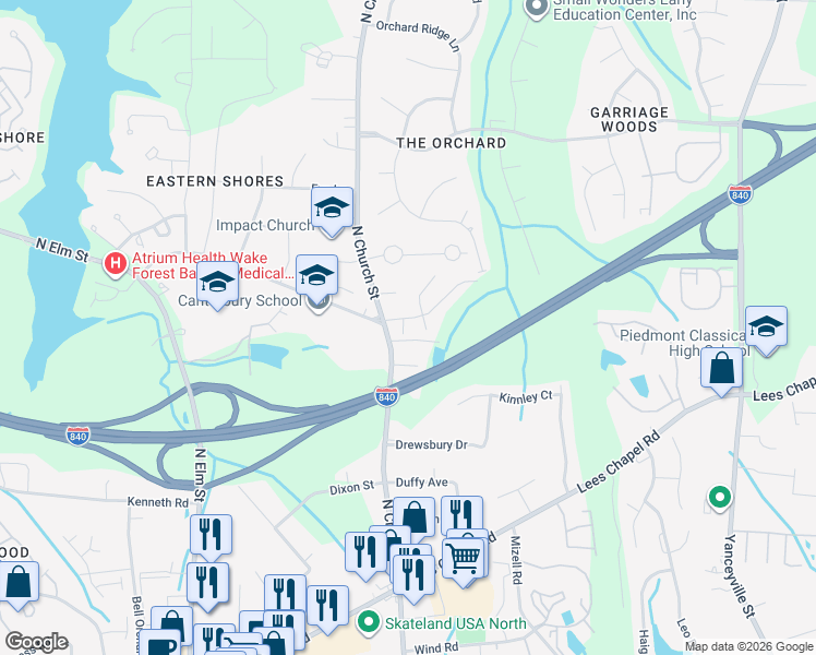 map of restaurants, bars, coffee shops, grocery stores, and more near 4600 North Church Street in Greensboro