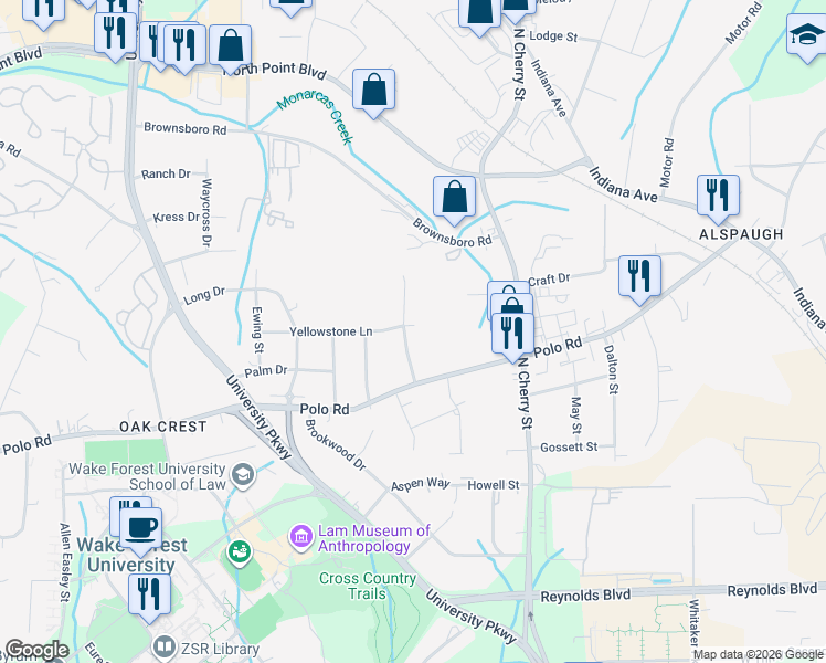 map of restaurants, bars, coffee shops, grocery stores, and more near 841 Delmonte Drive Northwest in Winston-Salem