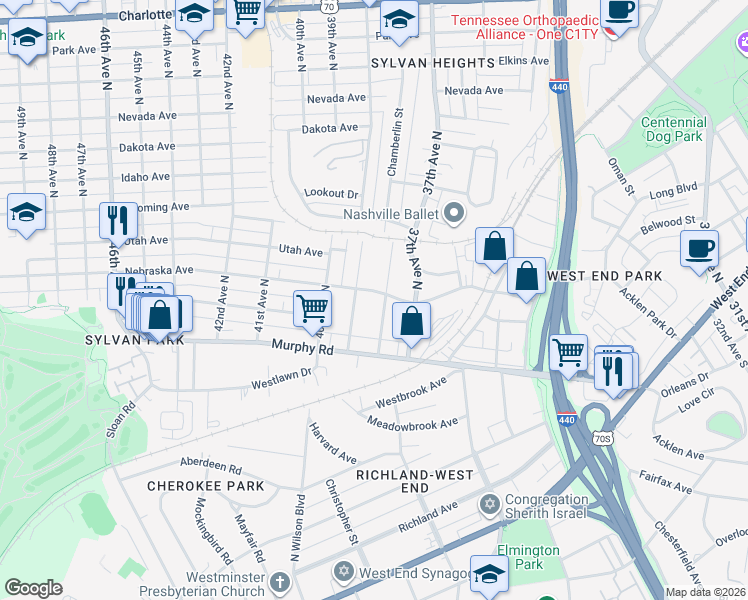 map of restaurants, bars, coffee shops, grocery stores, and more near 3803 Nebraska Avenue in Nashville