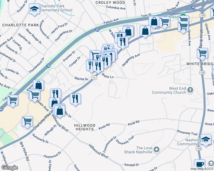 map of restaurants, bars, coffee shops, grocery stores, and more near 845 Watts Lane in Nashville