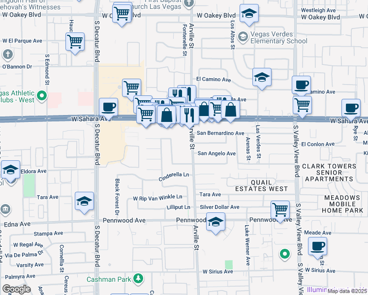 map of restaurants, bars, coffee shops, grocery stores, and more near 2600 South Arville Street in Las Vegas