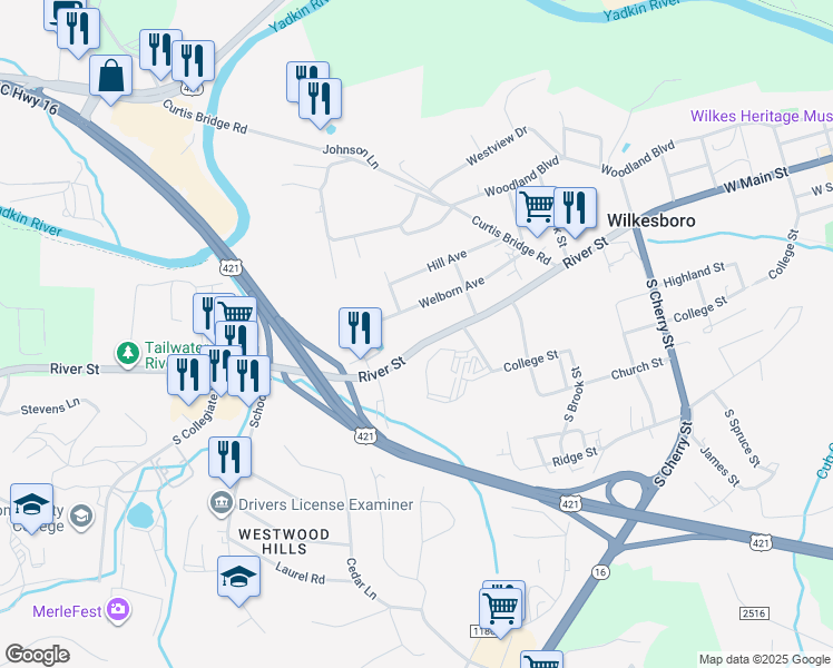 map of restaurants, bars, coffee shops, grocery stores, and more near 1022 River Street in Wilkesboro