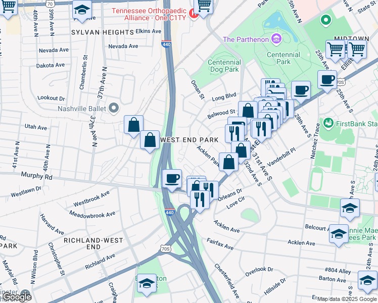 map of restaurants, bars, coffee shops, grocery stores, and more near 201 Acklen Park Drive in Nashville