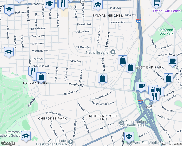 map of restaurants, bars, coffee shops, grocery stores, and more near 3803 Nebraska Avenue in Nashville
