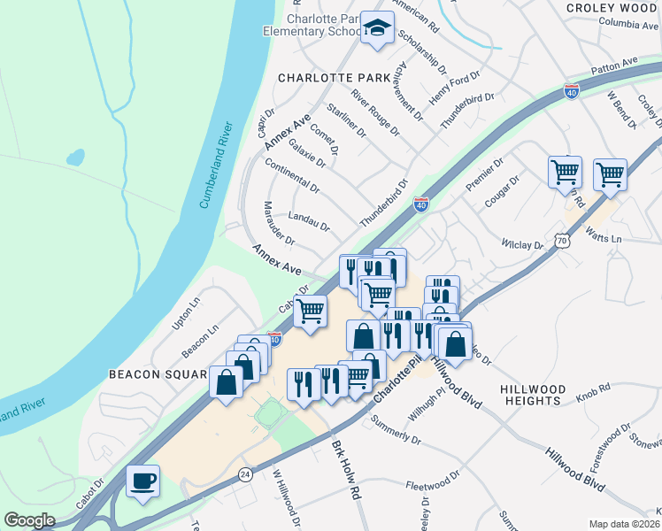 map of restaurants, bars, coffee shops, grocery stores, and more near 6525 Thunderbird Drive in Nashville
