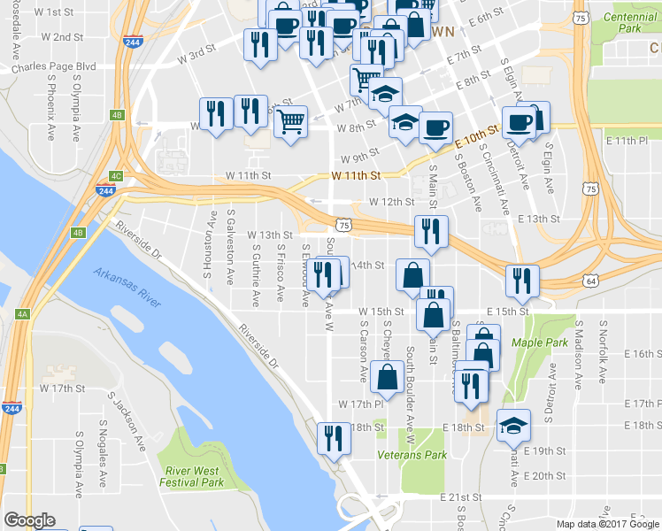 map of restaurants, bars, coffee shops, grocery stores, and more near 1328 South Denver Avenue in Tulsa