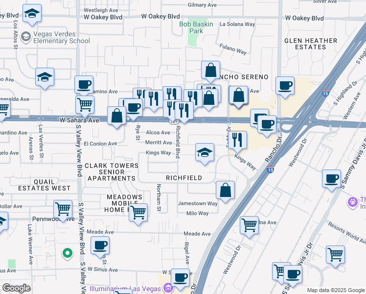 map of restaurants, bars, coffee shops, grocery stores, and more near 2905 Merritt Avenue in Las Vegas