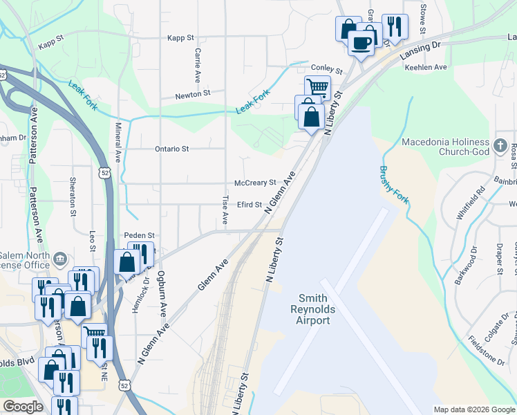 map of restaurants, bars, coffee shops, grocery stores, and more near 840 Efird Street in Winston-Salem