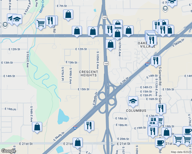 map of restaurants, bars, coffee shops, grocery stores, and more near 1294 South 105th East Avenue in Tulsa