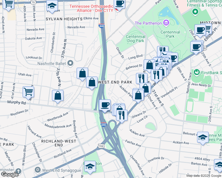map of restaurants, bars, coffee shops, grocery stores, and more near 201 Acklen Park Drive in Nashville