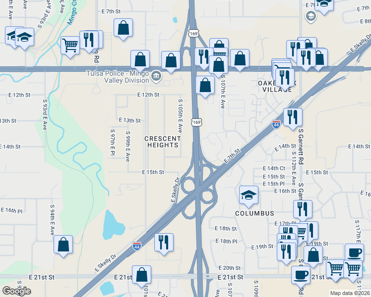 map of restaurants, bars, coffee shops, grocery stores, and more near 1293 S 105th E Ave in Tulsa
