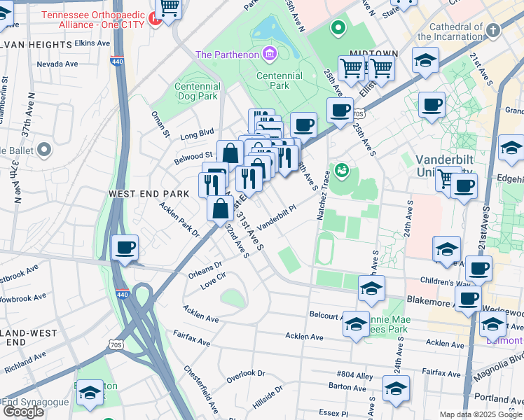 map of restaurants, bars, coffee shops, grocery stores, and more near 117 30th Avenue South in Nashville