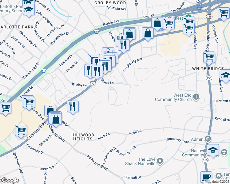 map of restaurants, bars, coffee shops, grocery stores, and more near 913 Watts Circle in Nashville