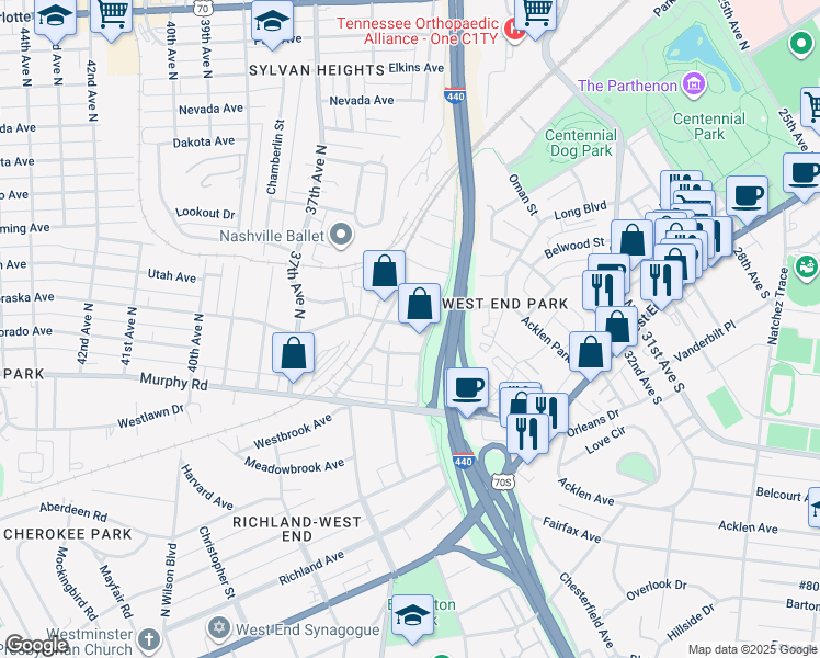 map of restaurants, bars, coffee shops, grocery stores, and more near 3505C Wrenwood Drive in Nashville