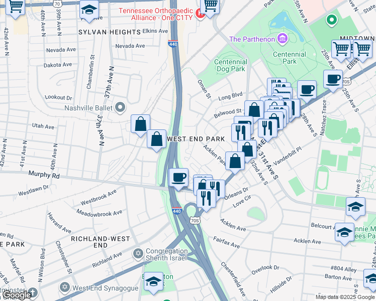 map of restaurants, bars, coffee shops, grocery stores, and more near 201 Acklen Park Drive in Nashville