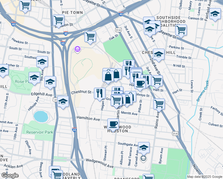 map of restaurants, bars, coffee shops, grocery stores, and more near 476 Humphreys Street in Nashville