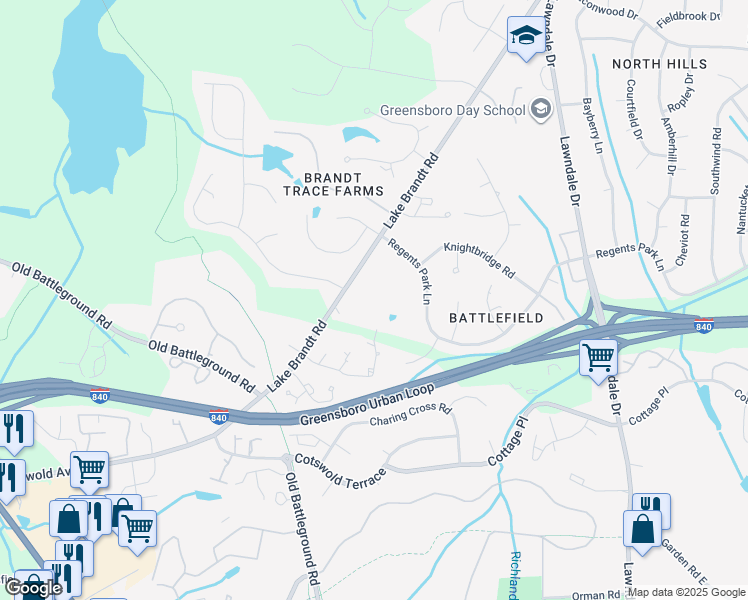 map of restaurants, bars, coffee shops, grocery stores, and more near 26 Milpond Lane in Greensboro