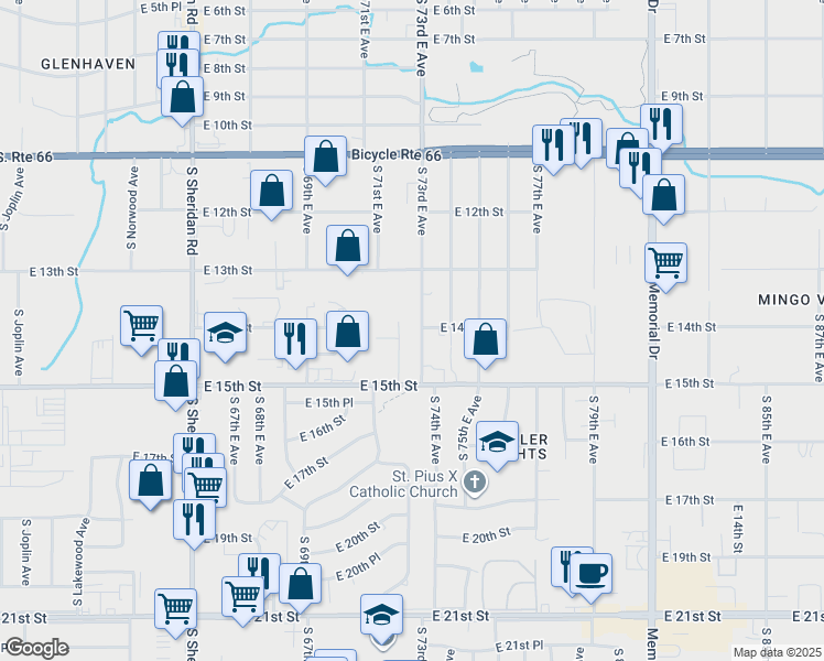 map of restaurants, bars, coffee shops, grocery stores, and more near 1404 South 73rd East Avenue in Tulsa