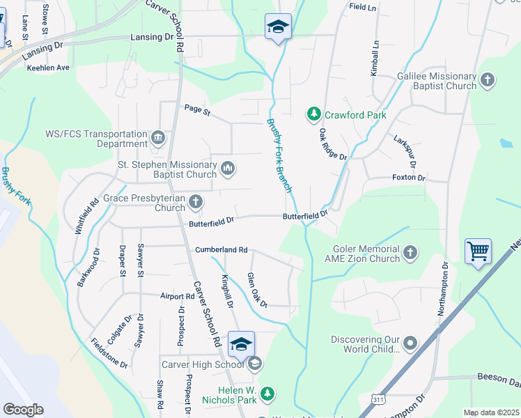 map of restaurants, bars, coffee shops, grocery stores, and more near 5057 Butterfield Drive in Winston-Salem