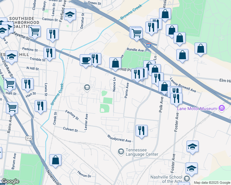map of restaurants, bars, coffee shops, grocery stores, and more near 84B Nance Lane in Nashville