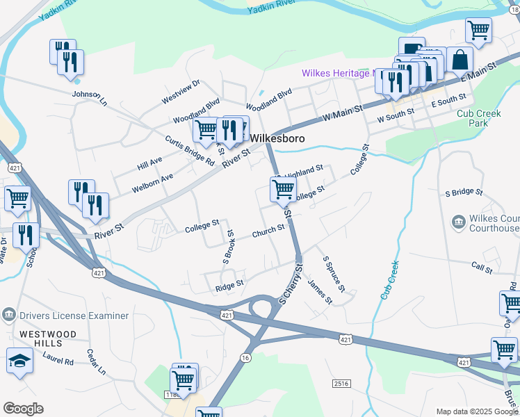 map of restaurants, bars, coffee shops, grocery stores, and more near 704 Factory Street in Wilkesboro