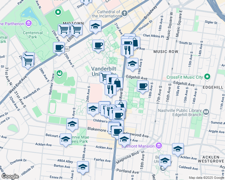 map of restaurants, bars, coffee shops, grocery stores, and more near 1211 Medical Center Drive in Nashville