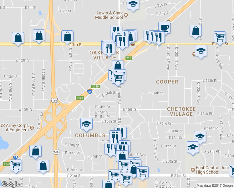 map of restaurants, bars, coffee shops, grocery stores, and more near 1401 South 112th East Avenue in Tulsa
