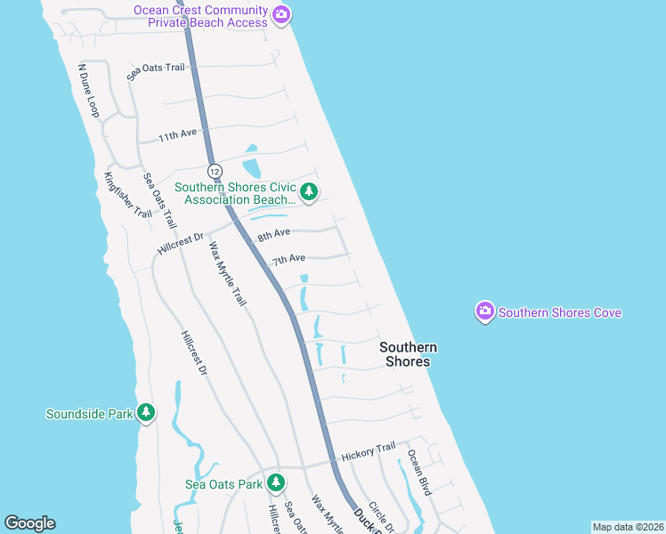 map of restaurants, bars, coffee shops, grocery stores, and more near 7 7th Ave in Kitty Hawk