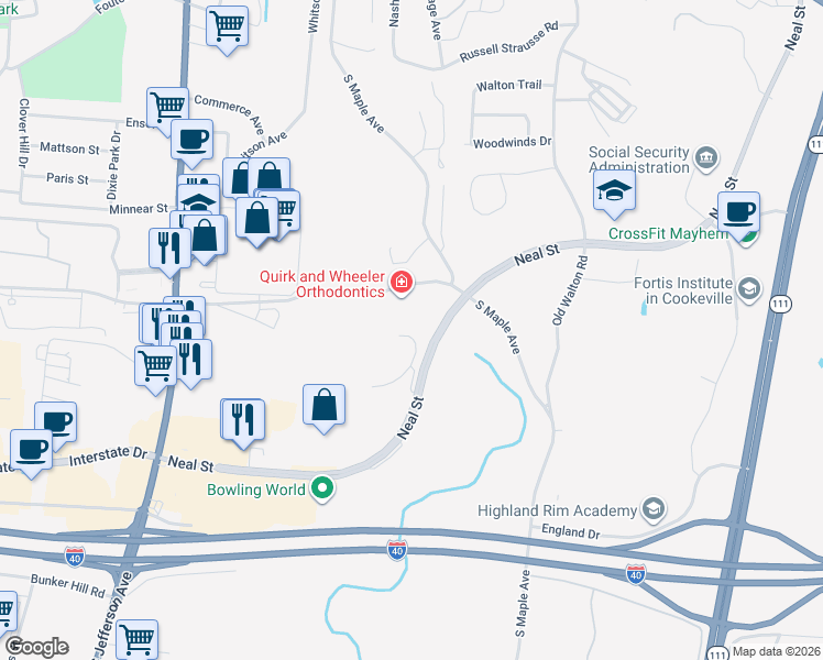 map of restaurants, bars, coffee shops, grocery stores, and more near 755 East Veterans Drive in Cookeville