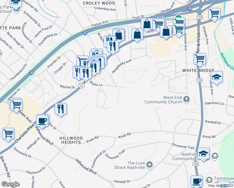 map of restaurants, bars, coffee shops, grocery stores, and more near 1210 Watts Terrace in Nashville