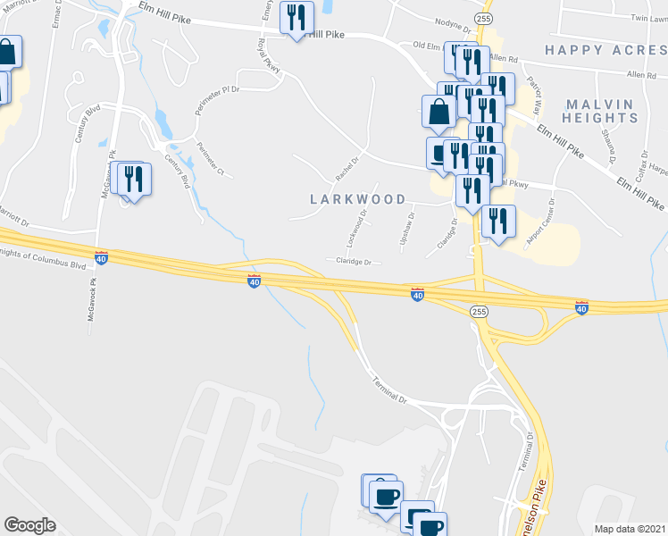 map of restaurants, bars, coffee shops, grocery stores, and more near 629 Claridge Dr in Nashville