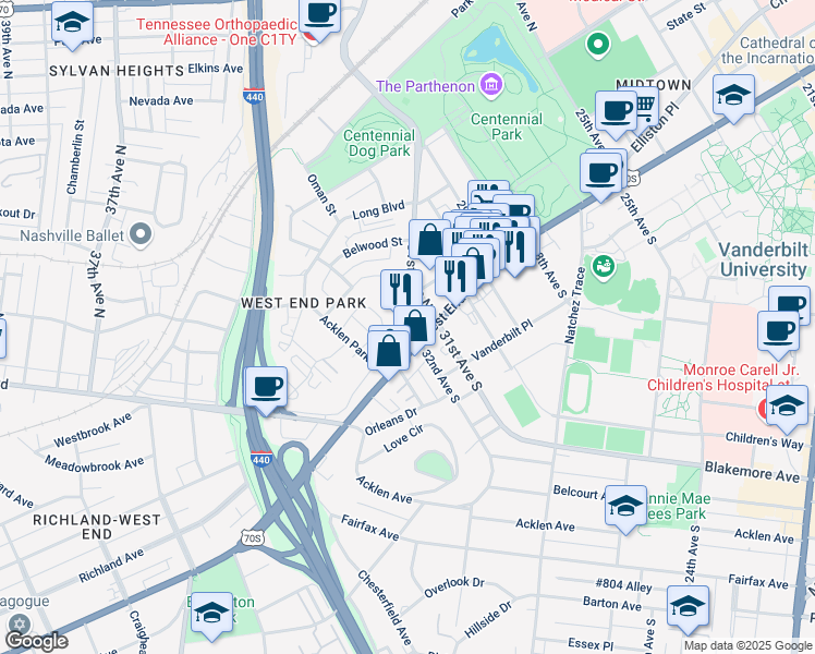 map of restaurants, bars, coffee shops, grocery stores, and more near 3106 Park Drive in Nashville