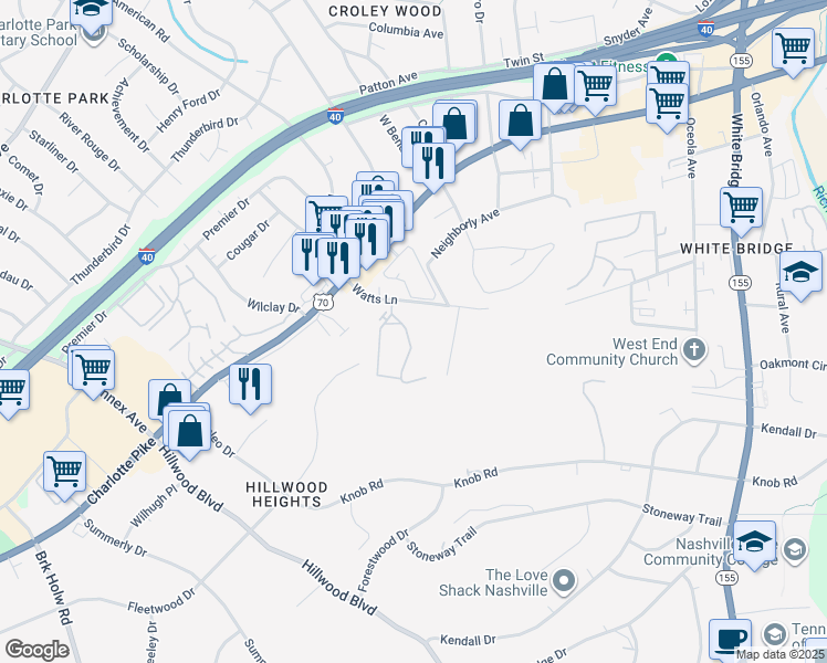 map of restaurants, bars, coffee shops, grocery stores, and more near 913 Watts Circle in Nashville