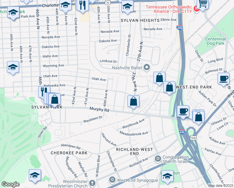 map of restaurants, bars, coffee shops, grocery stores, and more near 123 39th Avenue North in Nashville