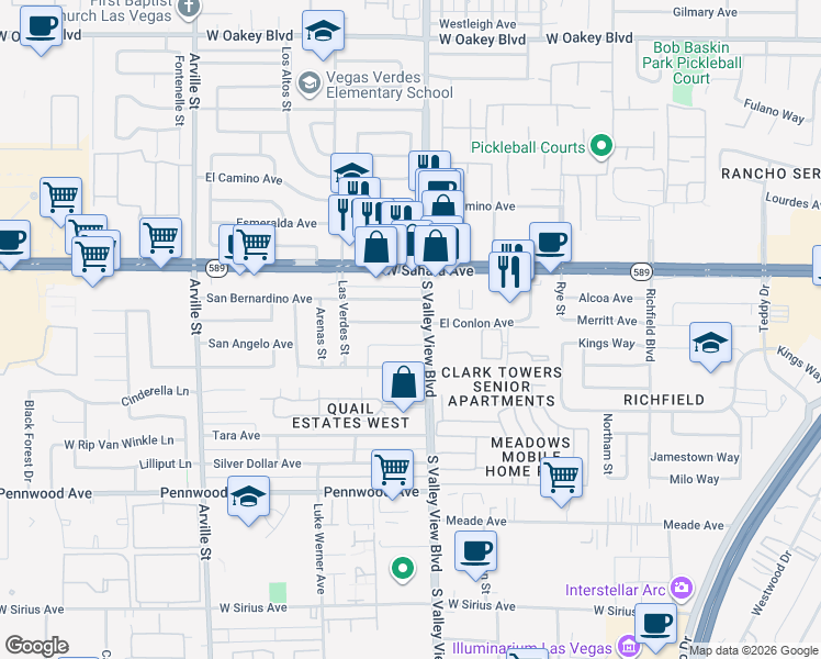 map of restaurants, bars, coffee shops, grocery stores, and more near 3709 El Conlon Avenue in Las Vegas
