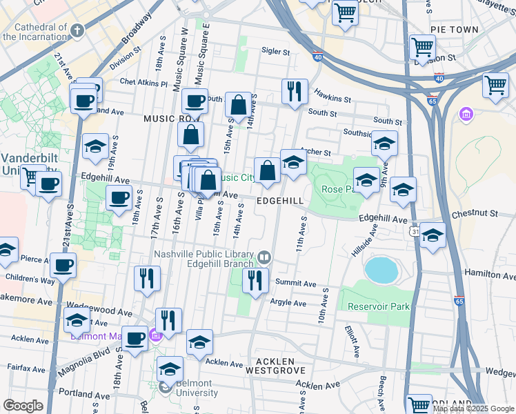 map of restaurants, bars, coffee shops, grocery stores, and more near 1221 13th Court in Nashville