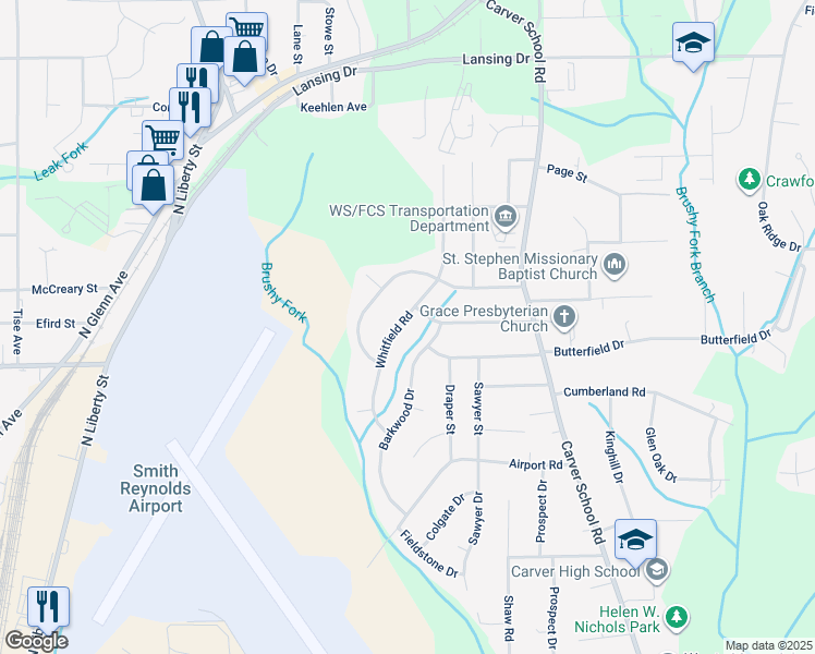 map of restaurants, bars, coffee shops, grocery stores, and more near 3861 Whitfield Road in Winston-Salem