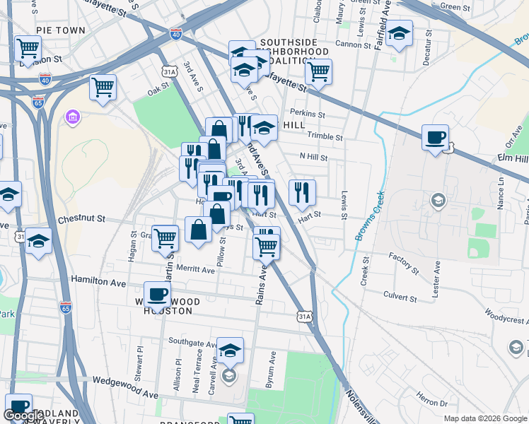 map of restaurants, bars, coffee shops, grocery stores, and more near 323 Hart Street in Nashville
