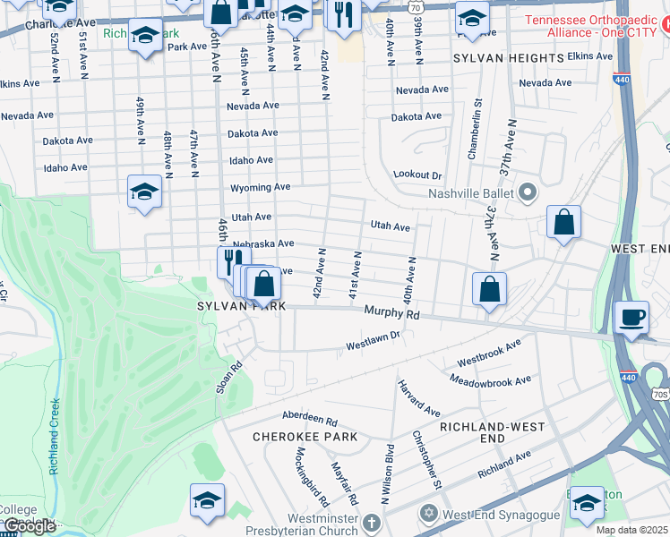 map of restaurants, bars, coffee shops, grocery stores, and more near 4110 Colorado Avenue in Nashville