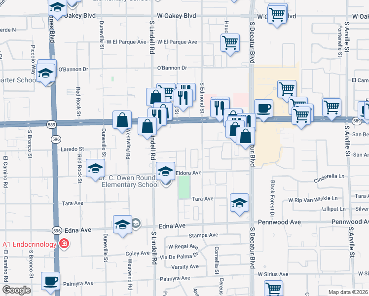 map of restaurants, bars, coffee shops, grocery stores, and more near 2634 Rimpacific Circle in Las Vegas