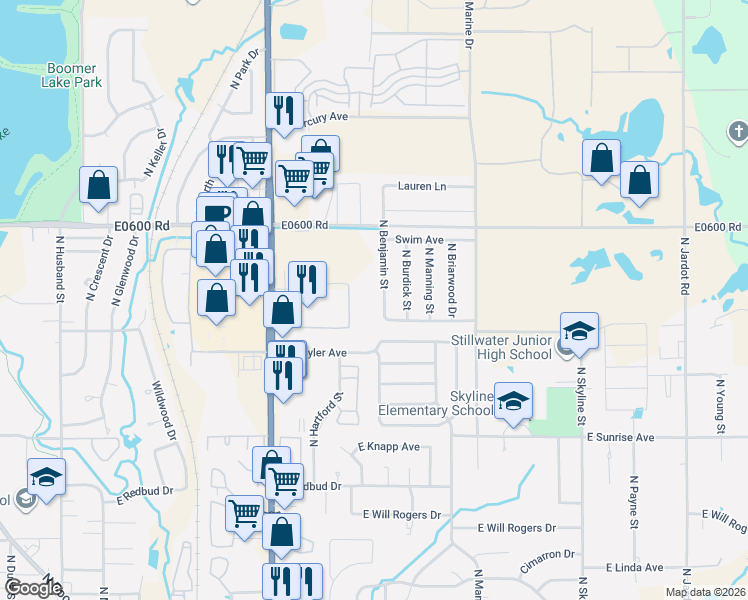 map of restaurants, bars, coffee shops, grocery stores, and more near 2020 North Benjamin Street in Stillwater