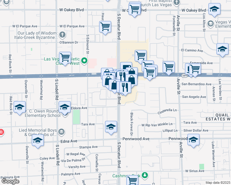 map of restaurants, bars, coffee shops, grocery stores, and more near 2625 South Decatur Boulevard in Las Vegas