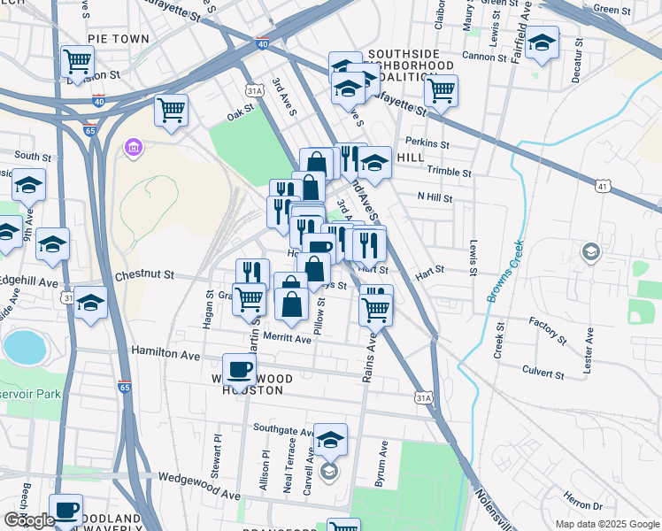 map of restaurants, bars, coffee shops, grocery stores, and more near 417 Houston Street in Nashville